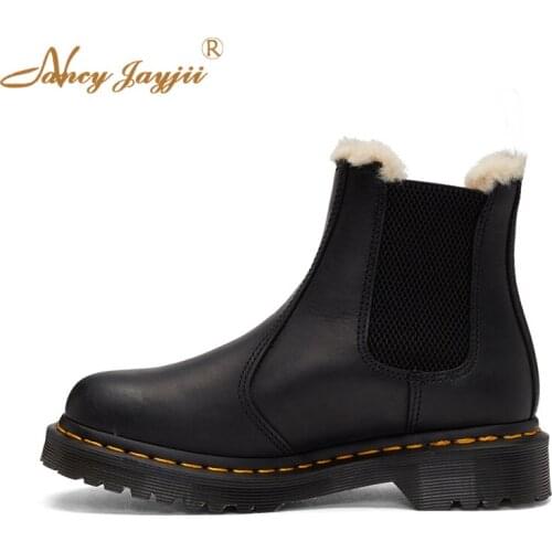 Women’S Black Mature Plush Chelsea Boots 2021 Winter Female Office Patent Leather Chunky Heel Booties Girl School Party Shoes