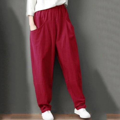 Comfortable Elastic Waist Pockets Loose Office Lady Trousers 2021 Women Solid Color Classical Vintage Cotton Linen Casual Pants