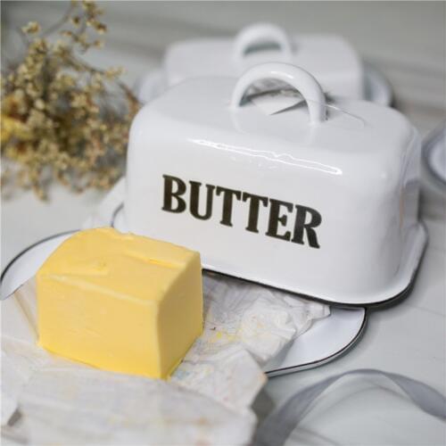 Enamel Box Butter Cheese Storage Tray Plate Cake White Rectangle