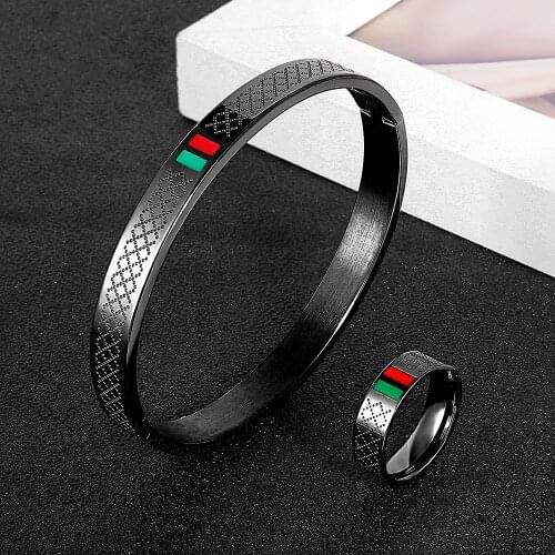 Famous Brand Green Red Cuff Bracelets and Ring For Women Men Couple Jewelry Set Stainless Steel Gold Black Jewelry Accessories