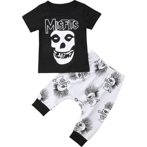 Lioraitiin 0-3 Years Toddler Baby Boys Kids Summer Clothes Short Sleeve Skull T-shirt Top+Harem Pants Halloween Outfits Set