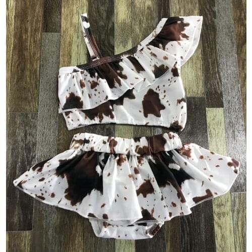 Fashion Children Clothing Girls One-shouldered Lace Brown Cow Print Stretch Skirt Hem Swimsuit