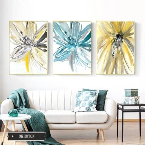 Retro Watercolor Flower Poster Wall Art Blue Yellow Petal Painted Canvas Painting Prints Picture for Living Room Decor