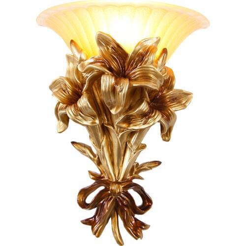 Gold Lily E27 Living Room Wall Lamps plant light Bedside Lamp European American Resin Wall Lights Retro Staircase Aisle Lighting