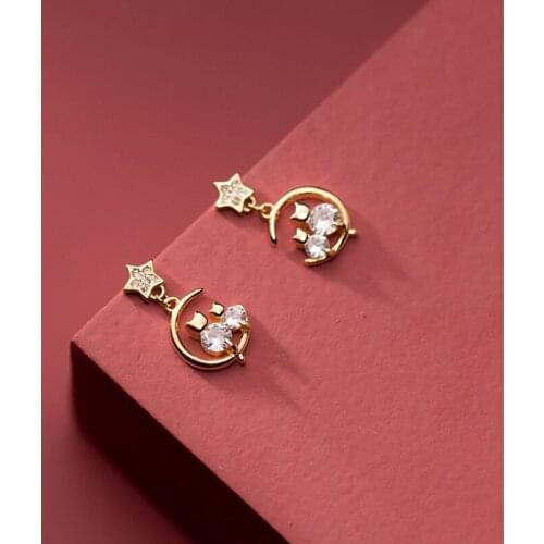 New Fashion 100% 925 Sterling Silver Cute Animal Moon Cat Drop Earrings Women Girls Clear Cubic Zirconia Star Ear Jewelry Gift