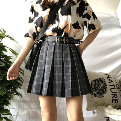 Autumn Preppy style Harajuku Casual Pleated Shorts Skirt Short Punk Female High Waist Plus Size Women Plaid Grey Mini Skirt