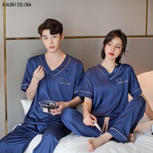 Luxury Satin Silk Pajama Suit Couple Sleepwear Short Sleeve Tops Long Pants Pajamas Night Suit Men Women Home Clothing Nightwear