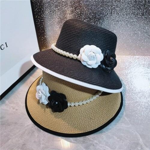 Ladies Hepburn Style Retro Camellia Flower Beach Sunscreen Straw Hat Sun Hat Female Brim Peaked Summer Hat