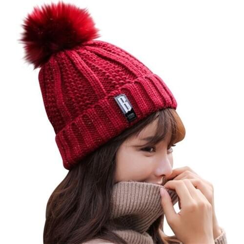 VIIANLES Knitted Beanies Winter Female Skullies Pom Poms Ball Cap Girl Hat Knit Cap Thick Red Hat