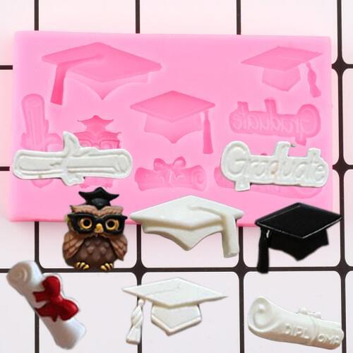 Graduation Theme Silicone Molds Bachelor Cap Owl Book Cupcake Fondant Cake Decorating Tools Candy Clay Chocolate Gumpaste Molds