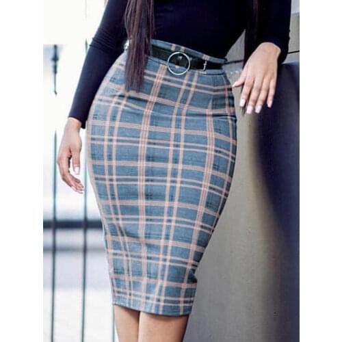 Fashion Blue Plaid Skirt High Waist Knee Length Tight Pencil Skirts Slim Fit Sexy Elegant Lady Go Office Party Club Jupes Summer