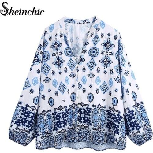 Sheinchic 2021 New Fashion Boho Style Floral Print Cropped Blouses Womens Vintage V Neck Puff Sleeve Shirts Blusas Chic Tops