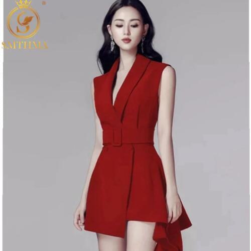SMTHMA Elegant Notched Neck Double Breasted Women Blazer Dress OL Style Dress High Waist Red Vestidos Femme New 2021