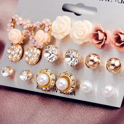 Elegant 9 Pairs/Set Womens Pearl Flower Crystal Studs Earrings Girls Elegant Rose Flower Heart Ear Jewelry Gift for women