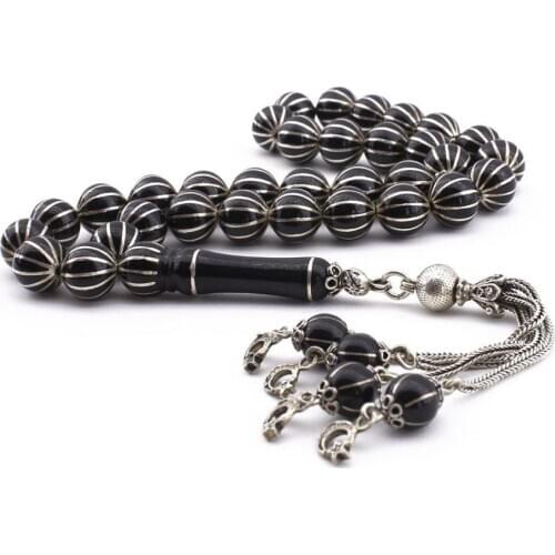 Natural Jet Stone Prayer Bead With Silver Tassel Men Rosary Islamic Tasbih With Crescent Star Tassel 925 Sterling Silver