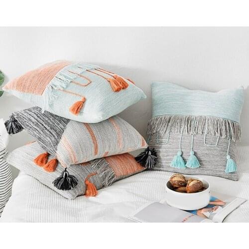 Throw Pillow Case Boho Contrast Color Irregular Striped Tassels Cushion Cover