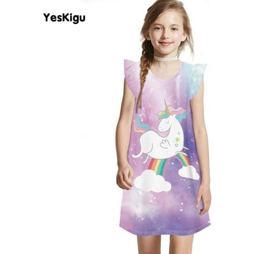 Children Night Dress Girls Sleepwear Summer Cartoon 3D Rainbow Unicorn Loose Leisure Wear Dresses Nightgown Sleeveless Pajamas