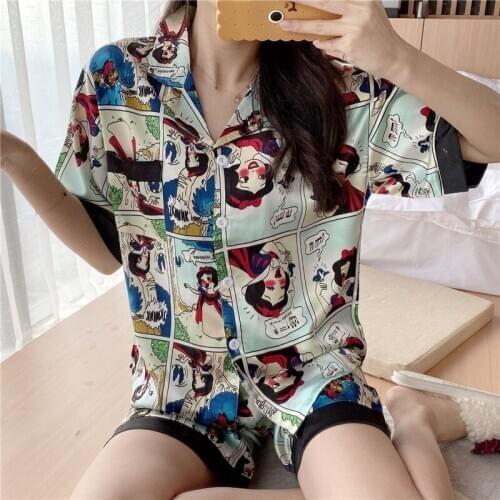 Disney Mickey Minnie ice silk pajamas womens silk sexy thin section cute short-sleeved lapel cardigan ladies home service suit