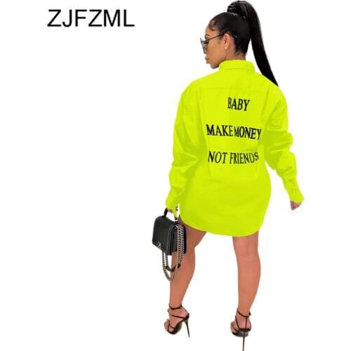 Fluorescence Green Letter Print Blouse Dress Women Sexy Turn Down Collar Long Sleeve Shirt Dress Autumn Buttons Up Loose Dresses