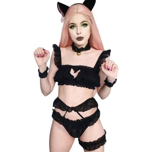 Womens Lingerie Set Five Piece Sexy Underwear Solid Color Vest Low Waist Panty with Thigh Hoop Choker Wrist Rope