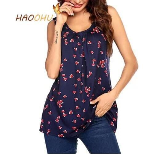 HAOOHU 2021 Summer Hot-Selling Floral-Print round Neck Loose Sleeveless Strap Type Bottoming Shirt Mid-Length T-shirt