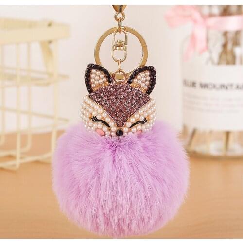 Hot Sale Rhinestones Cute Faux Rabbit Fur Ball Plush Keychain Car Key Chain for Women Bag Pendant Holder EH885