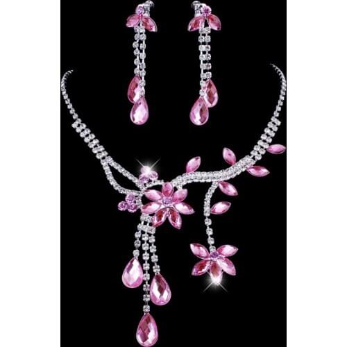 Women Earrings Necklace Jewelry Set Wedding Party Bridal Floral Tassel Drop Rhinestone Gift