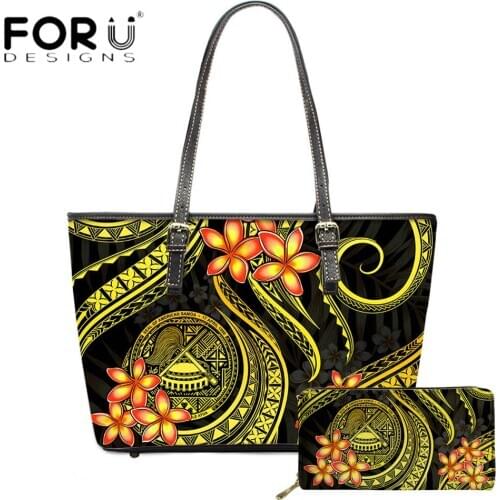 FORUDESIGNS New Arrival Women Luxury Shoulder Bag Set Polynesian Samoa Plumeria Printing Leather Purse Lady Large Shopper Sac