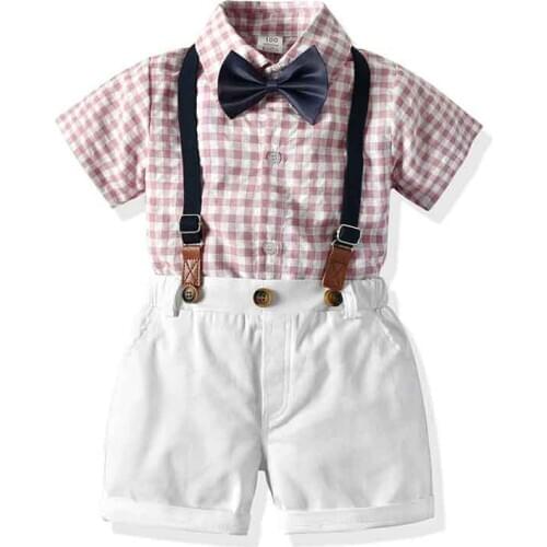 Baby Boy Clothes Gentleman Set Summer Cotton Lattice Bow Tie Tops+ Suspender Shorts 4pcs Children Wedding Party Clothing