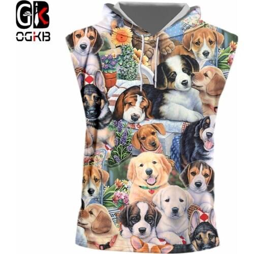 OGKB 3D Hooded Tank Tops Men 's Cool Sleeveless Shirts 3D Cool Cute Dog Print Design Summer Fashion Casual Tops Vest Plus Size
