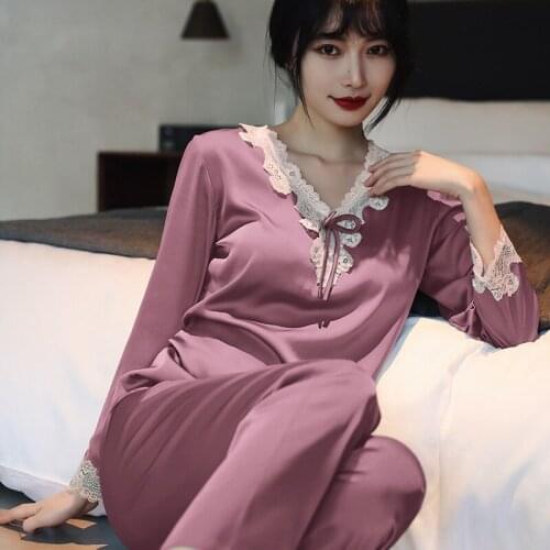 2PCS Pajamas Set Sexy Spring Women Lace Trim Sleepwear Trouser Suits Loose Thin Faux Silk Satin Pyjamas Pour Femme Loungewear