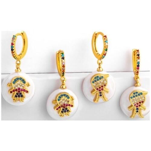 Shell boy girl multicolor Brass micro pave cz zircon cubic zirconia drop Hoop Earrings copper gold plated crystal studs cbd3