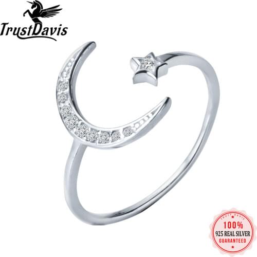 ElfoPlataSi 100% 925 Solid Real Sterling Silver Moon Star CZ Openingl Ring Sizable 5 6 7 For Teen Girl Kid Xmas Gift ED214
