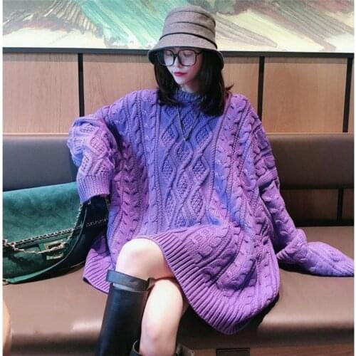 YASUGUOJI Criss-Cross Wool O-neck Long Women Pullovers Winter Thick Sweater 2019 Casual Ladies Solid Purple Knitted Jackets