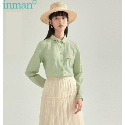 INMAN Spring Autumn Womens Blouse Cute Kawaii Embroidery Peter-Pan Collar Loose Pastoral Fresh Long Sleeve Cotton Shirt