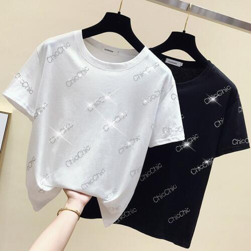 Gkfnmt Summer Tops Diamonds Korean White T shirt Women Clothes Cotton Fashion Female T-Shirt Black Tee Short Sleeve Black Shirt