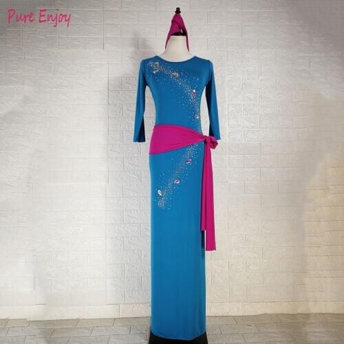Women Handmade belly dance practice clothes ballroom dance dress long robe+belt+Headdress 3pcs dance Costumes