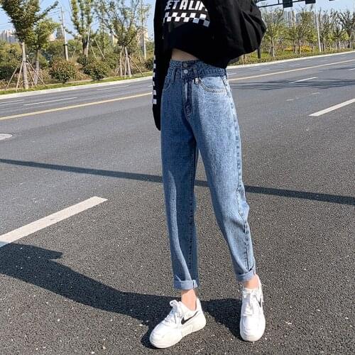 High Waist womens size Fashion 2021 Versatile Denim Ladie Harem Pants Vintage slim fat Jeans girls solid Casual temperament