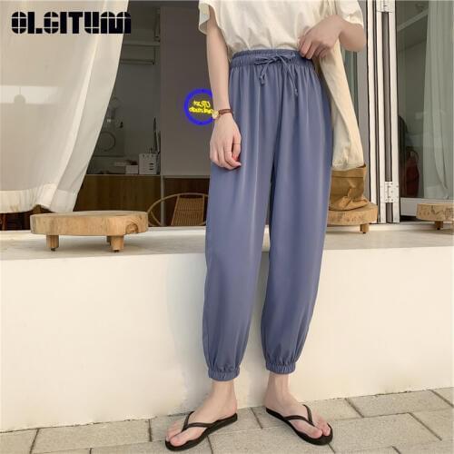 New OLGITUM 2020 Casual Harem Pants Female Spring Summer Chiffon Loose Soft Elastic Waist Beam Foot Harem Pants 5 Colors M L