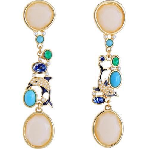 Blue Dolphin Inlaid Pearl Stud Earrings Womens Jewelry