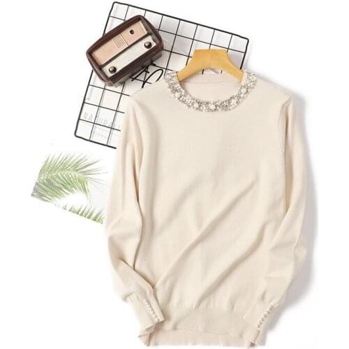 New Autumn Winter Pullover Casual Womens Sweaters Solid Round neck Beading Long Sleeve Knitted bottoming shirt Female 2021
