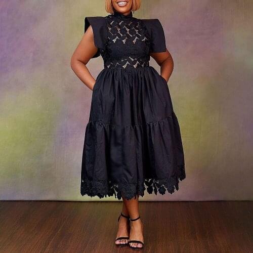 Dress 2021 Summer New Solid Color Mid-length Womens Dress Temperament Commute Lace Hollow Out Sexy High Waist African