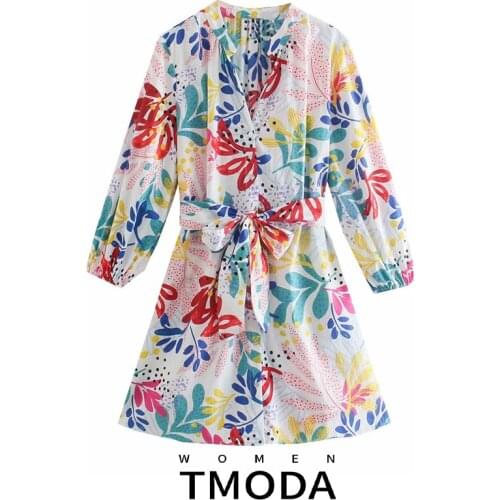 TMODA2033 Za Women Vintage Totem Floral Print Bow Sashes Mini Shirt Dress Female Chic Three Quarter Sleeve Casual Slim Vestidos