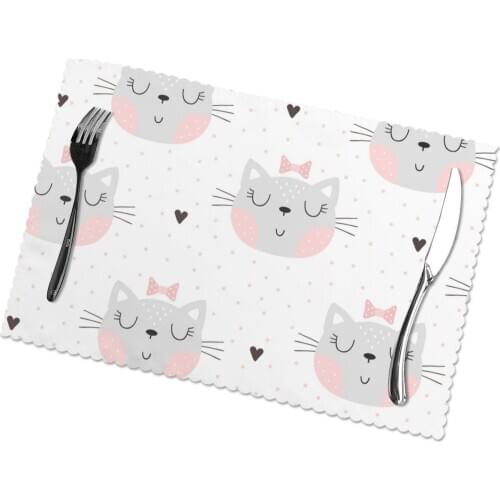 6 PCS Placemat Table Mat Cute Little Cat Girl Pattern For Tables Heat-insulation Linen Kitchen Dining Pads