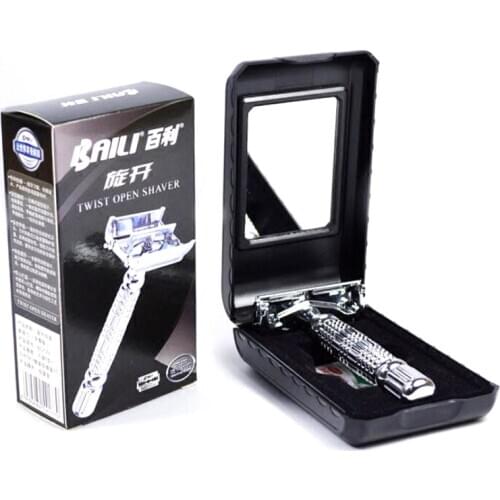 BAILI BD179 Barber Safety Blade Razor Shaver Double Edge Butterfly Twist Open T-Shaped Unisex +1 Blade 1 Travel Case with Mirror