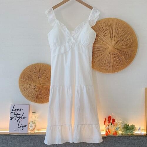 White Sweet Ruffles Bow Trim Long Nightgown Ladies Sexy V-Neck Sleeveless Nightdress Cotton Home Dress With Bra Sleepwear
