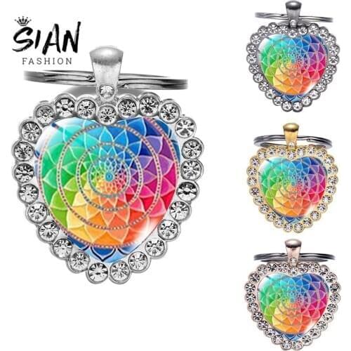 SIAN Charm Mandala Pattern Keychain Indian Buddhism Glass Heart Key Chain Sacred Geometry Flowers For Religion Believers Gifts