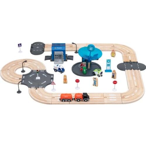 Kids Wooden Track Police Officers Dispatched Refueling Scene Compatible with Brand Track Educational Toys Birthday Gifts