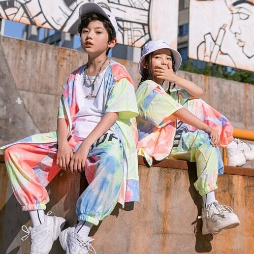 Tie dye Hip Hop Street Dance Costume Kids Rave Outfit Loose Pants Stage Costume Festival Clothes Jazz Dancewear Girl Sets DL8143