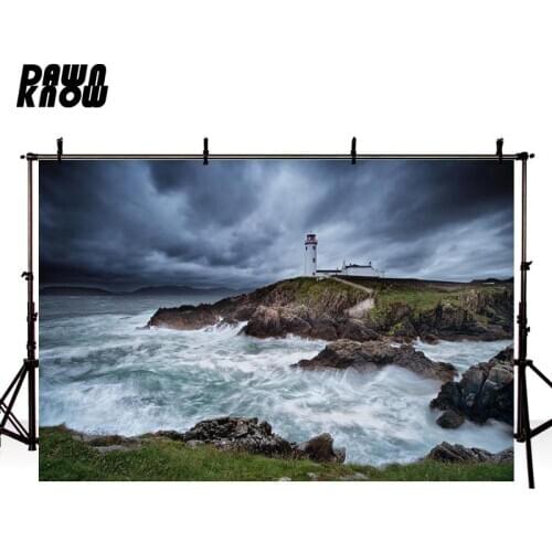 DAWNKNOW Sea Wave Photography Background Lighthouse Dark Clouds Photographic Backdrops Wedding Children Photocall lv1485